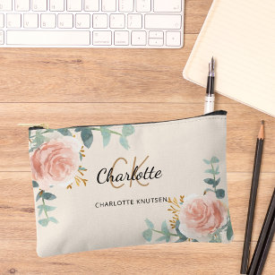 Rose gold floral greenery cream name monogram accessory pouch