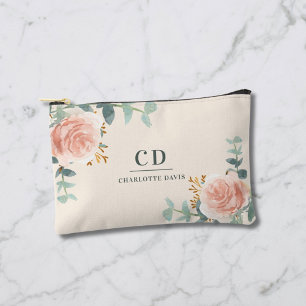 Rose gold floral greenery cream name monogram accessory pouch