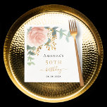 Rose gold floral greenery elegant birthday napkins<br><div class="desc">A chic white background. Decorated with a rose gold and blush pink watercolored rose flower,  floral,  green eucalyptus leaves,  sprigs,  greenery and faux gold sprigs. Personalize and a name and date.  Black and golden letters</div>