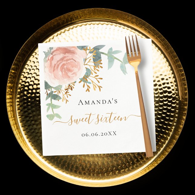 Rose gold floral greenery elegant Sweet 16 Napkins (Creator Uploaded)