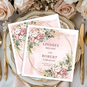 Rose Gold Floral Greenery Gold Glitter Wedding  Napkins