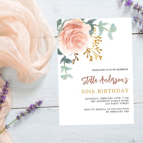Rose gold floral greenery luxury birthday invitation