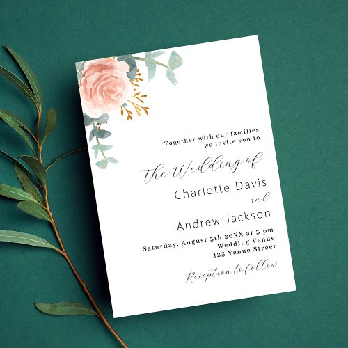 Rose gold floral greenery modern wedding invitation