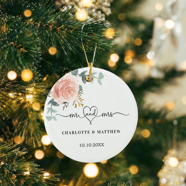 Rose gold floral greenery mr mrs heart wedding ceramic ornament (Creator Uploaded)