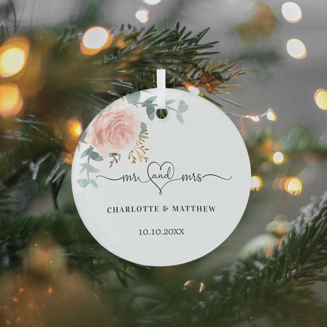 Rose gold floral greenery mr mrs heart wedding glass ornament (Creator Uploaded)