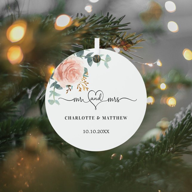 Rose gold floral greenery mr mrs heart wedding metal ornament (Creator Uploaded)