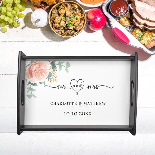 Rose gold floral greenery mr mrs heart wedding serving tray
