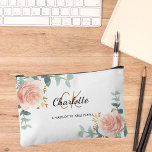 Rose gold floral greenery name monogram accessory pouch<br><div class="desc">White background,  black and golden text. Decorated with watercolored rose gold roses,  eucalyptus greenery and golden sprigs. 
Personalize and add your first name,  monogram initials and full name.</div>