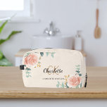 Rose gold floral greenery name monogram dopp kit<br><div class="desc">A cream colored background,  black and golden text. Decorated with watercolored rose gold roses,  eucalyptus greenery and golden sprigs. 
Personalize and add your first name,  monogram initials and full name.</div>