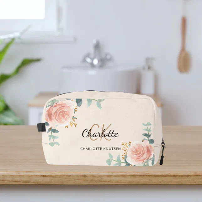 Rose gold floral greenery name monogram dopp kit