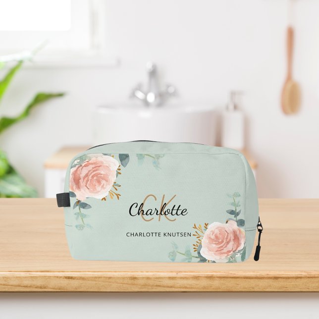 Rose gold floral greenery name monogram dopp kit (Creator Uploaded)