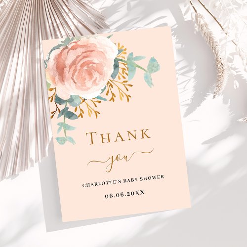 Rose gold floral greenery peach Baby Shower Thank You Card