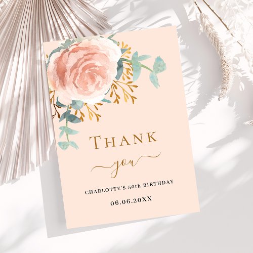 Rose gold floral greenery peach birthday thank you card