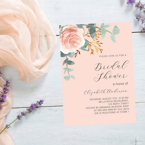 Rose gold floral greenery peach Bridal Shower Invitation