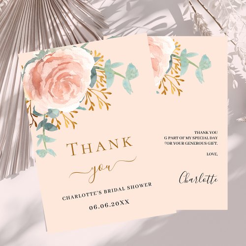 Rose gold floral greenery peach Bridal Shower Thank You Card