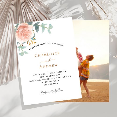 Rose gold floral greenery photo wedding invitation
