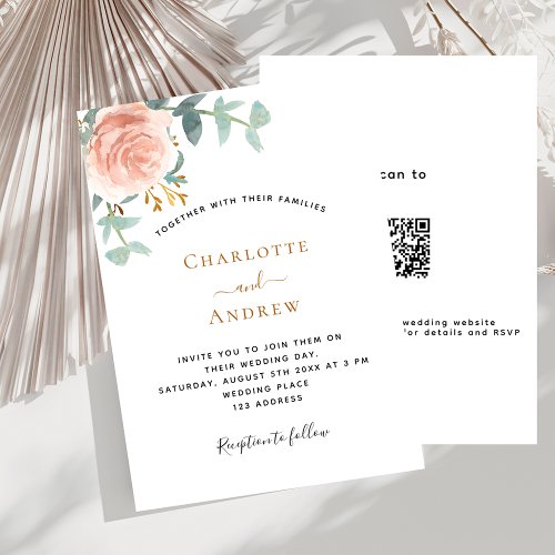 Rose gold floral greenery QR code RSVP wedding Invitation