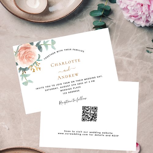 Rose gold floral greenery QR RSVP details wedding Invitation