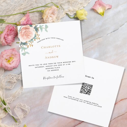 Rose gold floral greenery QR RSVP details wedding Invitation