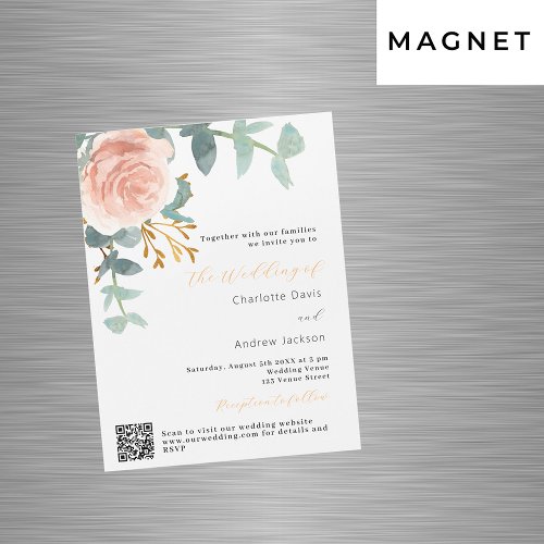 Rose gold floral  greenery QR RSVP luxury wedding Magnetic Invitation