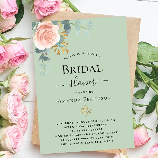 Rose gold floral greenery sage green Bridal Shower Invitation (Creator Uploaded)