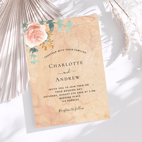 Rose gold floral greenery terracotta wedding invitation