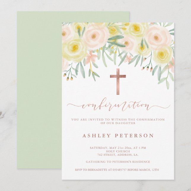 Rose gold floral greenery watercolor confirmation invitation (Front/Back)