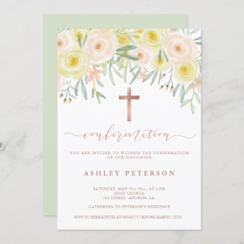 Rose gold floral greenery watercolor confirmation invitation