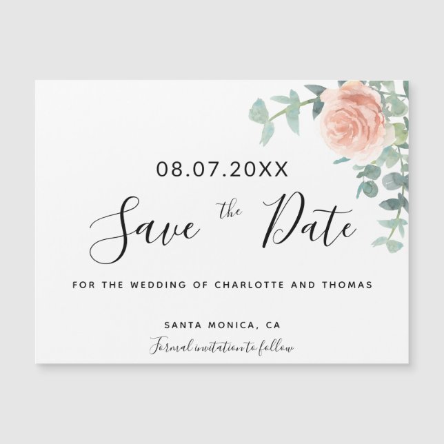 Rose gold floral greenery wedding save the date (Front)