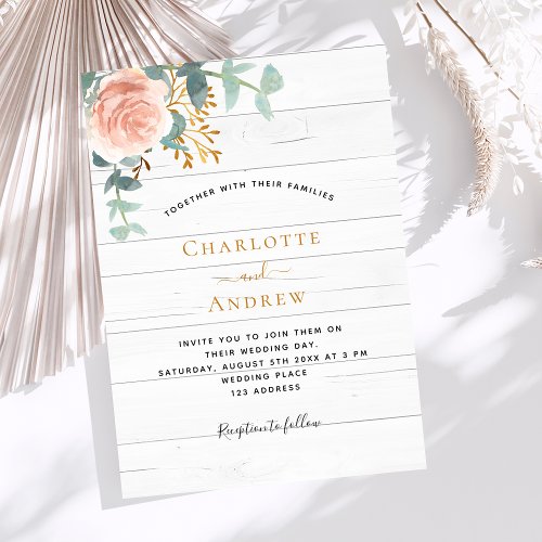 Rose gold floral greenery white wood wedding invitation