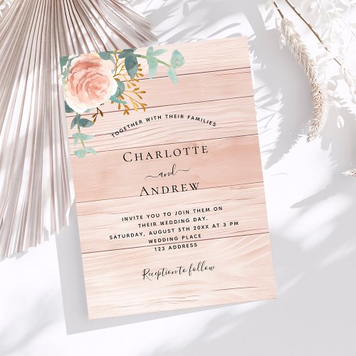 Rose gold floral greenery wood luxury wedding invitation