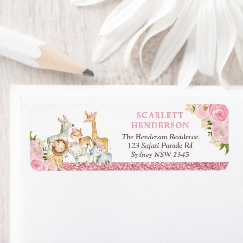 Rose Gold Floral Jungle Animals Return Address Label