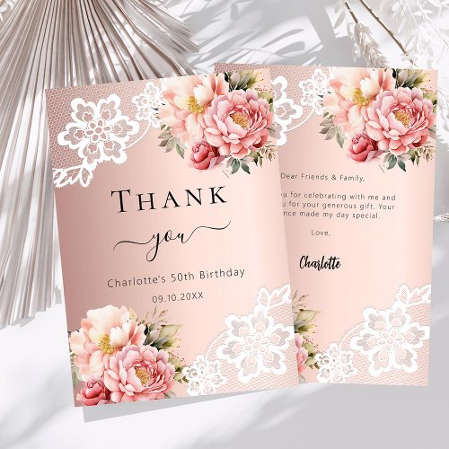 Rose gold floral lace birthday thank you card