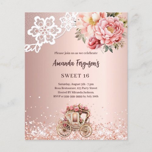Rose gold floral lace carriage Sweet 16 invitation
