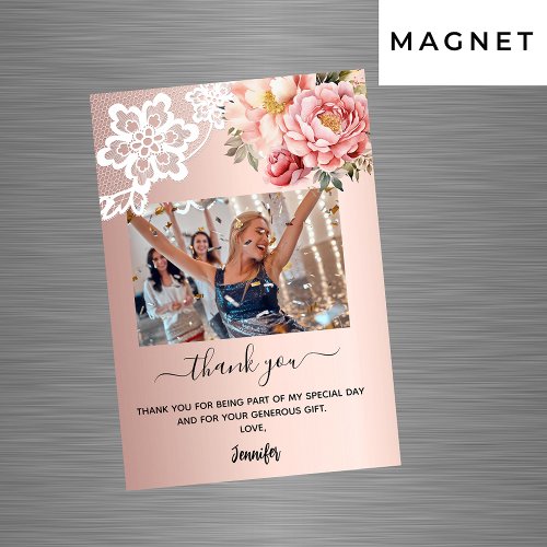 Rose gold floral lace photo thank you magnet