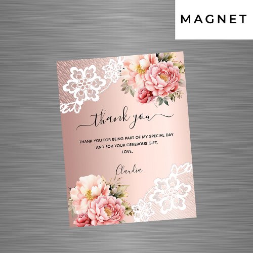 Rose gold floral lace thank you card magnet