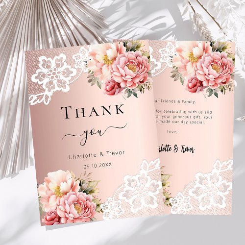 Rose gold floral lace wedding thank you card