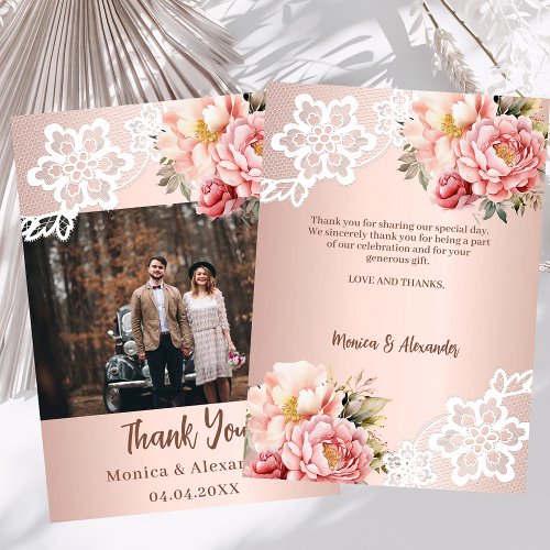 Rose gold floral lace wedding thank you card
