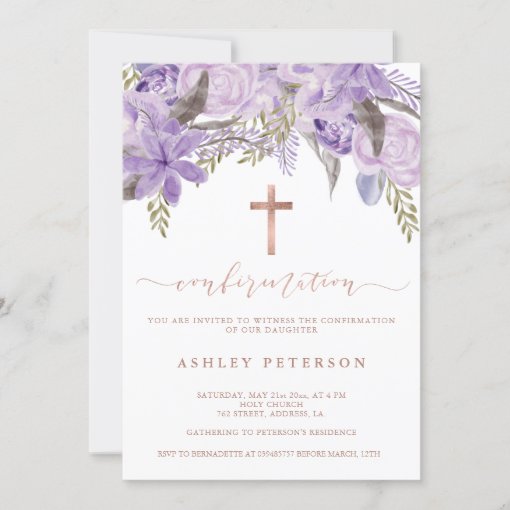 Rose gold floral lavender watercolor confirmation invitation | Zazzle