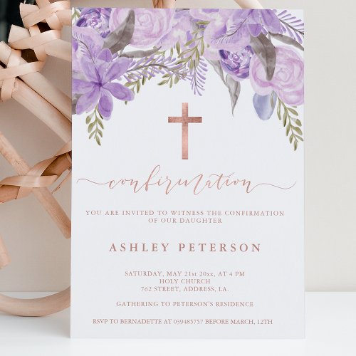 Rose gold floral lavender watercolor confirmation invitation