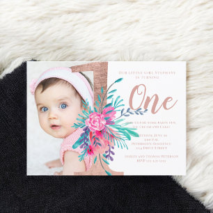 Rose gold floral letter 1st birthday blush photo invitation