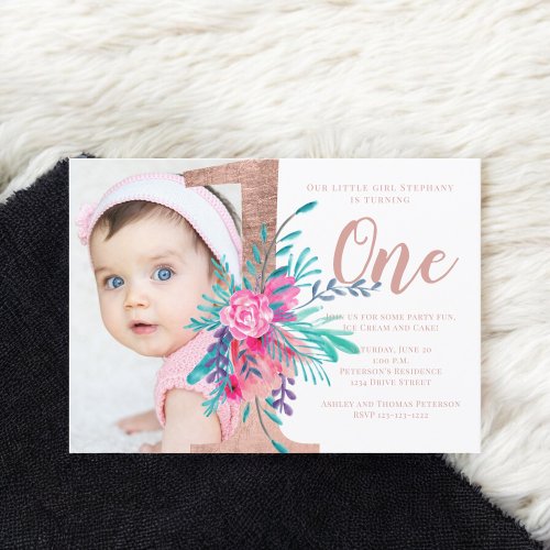 Rose gold floral letter 1st birthday blush photo invitation