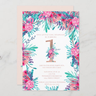 Rose gold floral letter 1st birthday blush pink invitation