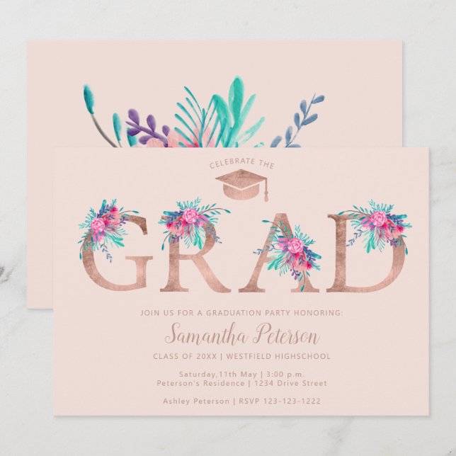 Rose gold floral letter blush pink graduation invitation (Front/Back)