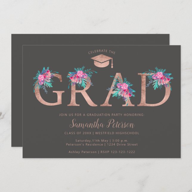 Rose gold floral letter gray graduation invitation (Front/Back)