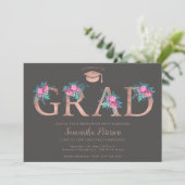 Rose gold floral letter gray graduation invitation (Standing Front)