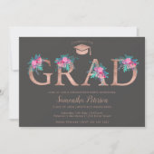 Rose gold floral letter gray graduation invitation (Front)