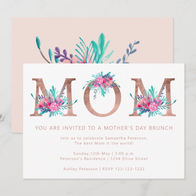 Rose gold floral letter Mom blush pink mothers day Invitation (Front/Back)
