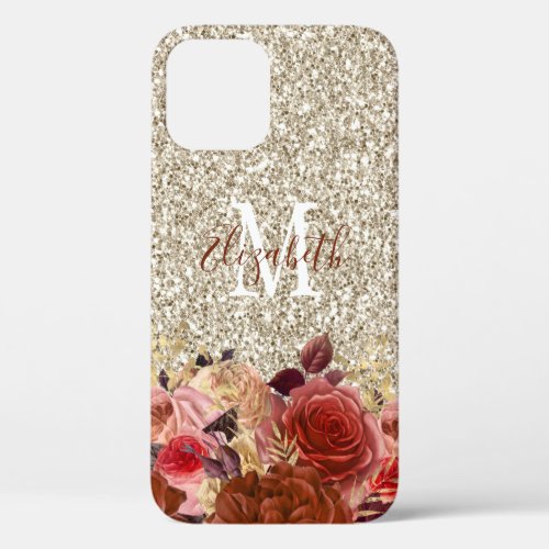 Rose Gold Floral Light Gold Glitter Monogram iPhone 12 Case - This iPhone case offer a glam design featuring a monogram, rose gold and peach flowers on a faux champagne colored glitter background.