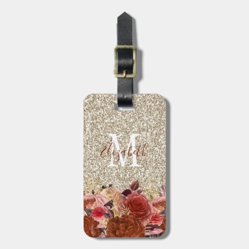 Rose Gold Floral Light Gold Glitter Monogram Luggage Tag - This luggage tag offers a sparkly glam design. It features a monogram, rose gold and peach flowers on a faux champagne colored glitter background. Personalize the backside with your contact information.